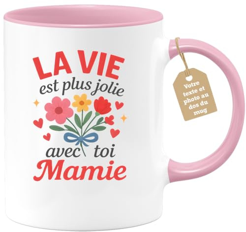 quotedazur Café-Croissant - Mug Mamie Personnalisé - La Vie Est Plus Belle Avec Toi Mamie - Cadeau Tasse Fête Des Grand-Mères - Rose/Céramique