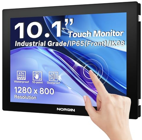 NORQIN Monitor Touchscreen Industriale 10,1 Pollici, IP65 Impermeabile | 1280×800 LCD Monitor Touch,Capacitivo 10 Punti,Montaggio VESA,HDMI/VGA/DVI/USB,Schermo Robusto per Chioschi,POS & Magazzino