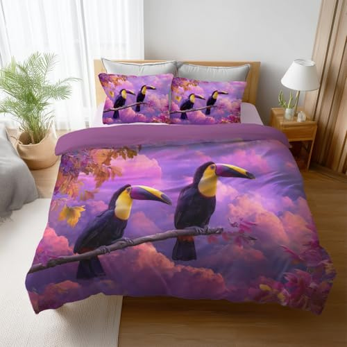 Rosa Viola Romantico Mare di Nuvole Uccello 260 x 240cm(102 x 95) Copripiumino Resistente Copripiumini Microfibra con Stampa Parure Biancheria da letto Elegante con 2 Federa