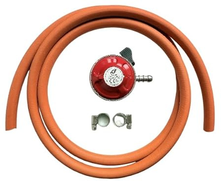 27mm Clip‑On Gas Regulator Kit – 37mbar Propane Regulator + 2m 8mm Gas Hose + 2 Stainless Jubilee Clips – BBQ, Patio Heater, Camping Stove, Caravan, LPG Bottle Connection Set