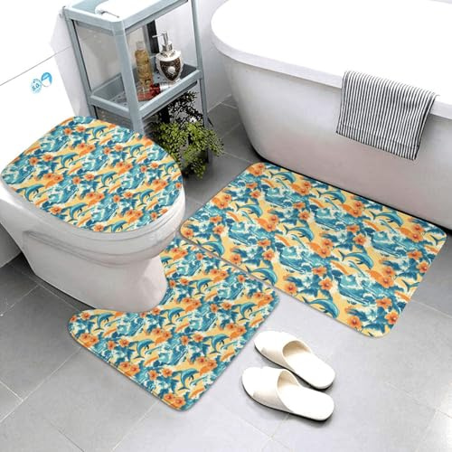 Set di 3 tappeti da bagno con stampa di delfini hawaiani, assorbenti, antiscivolo, lavabili, copriwater a forma di U, tappetino per il contorno del WC, tappetino per doccia, tappetino da bagno per WC