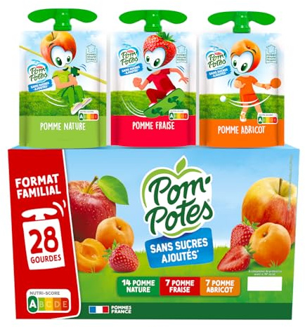 POM'POTES® Compote Sans Sucres Ajoutés Pomme Fraise Abricot 28x90g | Gourde, Pommes Françaises, Source De Fibres, Nutri-Score A, 3 Ans Et Plus