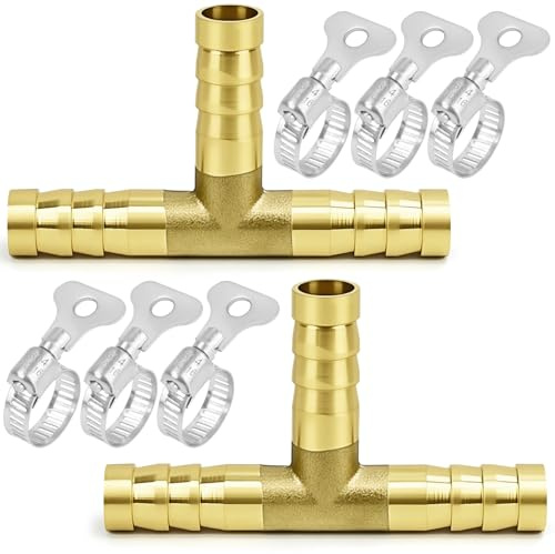 NISENTIA 2 Pack Brass Barb Splicer Fitting, 12mm Hose Barb Brass Joiner Tee, T-Shaped 3 Way Barbed Pipe Connector with 6 Stainless Steel Pipe Clamps for Water/Fuel/Air