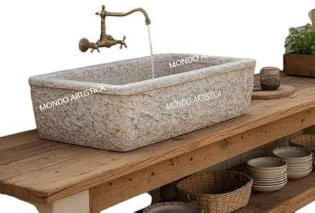 Lavandino Da Esterno per cucina da esterno, Lavabo Per Giardino, Pilozzo, Vasca Unica, Fontana, Altezza 22 cm, Larghezza 80x40 Cm, In Cemento Bianco E Graniglia Di Marmo, Grigio