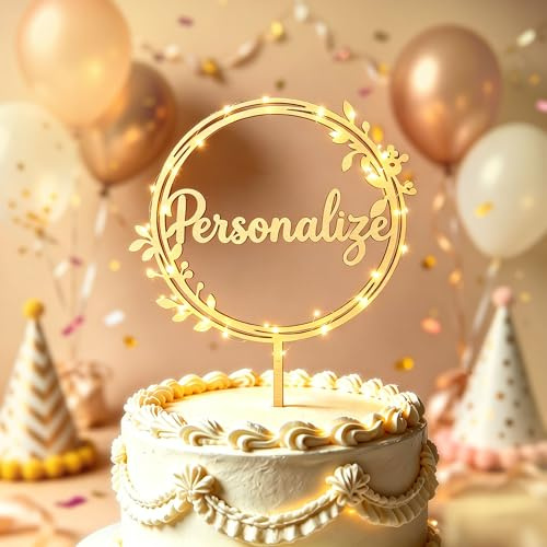 ARTREE Topper Tarta Personalizado de Madera con Nombre Decoración Tartas de Feliz Cumpleaños,Topper Dorado Delicado para Celebración,Boda,Fiestas,Dorado-A