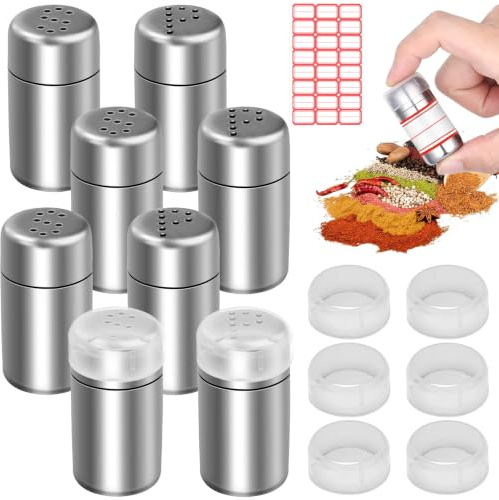 Spetsbst 8 stycken mini saltströare för resor 15 ml saltströare liten med lock rostfritt stål salt kryddflaskor resa för kök, restauranger, camping och grillkvällar (P+S)