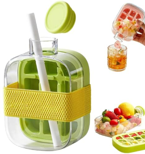 Rimotedeso Molde de Cubitos de Hielo con Tapa, Botella de Hielo 2 en 1 con Pajita, a Prueba de Fugas, desmoldado rápido, 16.3 x 10 x 8 cm, para Zumo, té, cócteles, Verde