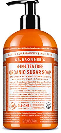 Dr Bronner’s 4-in-1 Organic Tea Tree Sugar Soap, Made with Organic Oils, Sugar and Shikakai Powder, For Hands, Body, Face & Hair, Fair Trade Certified & Vegan Friendly, 335ml Recycled Pump Bottle