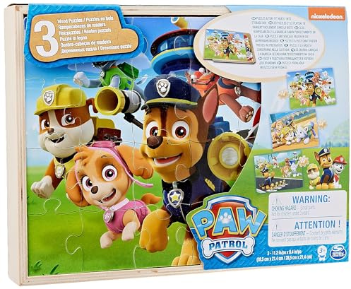 3 träpussel i en trälåda – pusselmotiv av PAW Patrol: Biografen