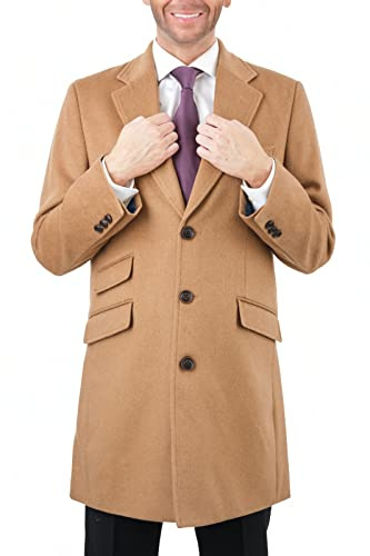 The Suit Depot Men's Wool Cashmere Single Breasted Camel Tan 3/4 Length Top Coat
