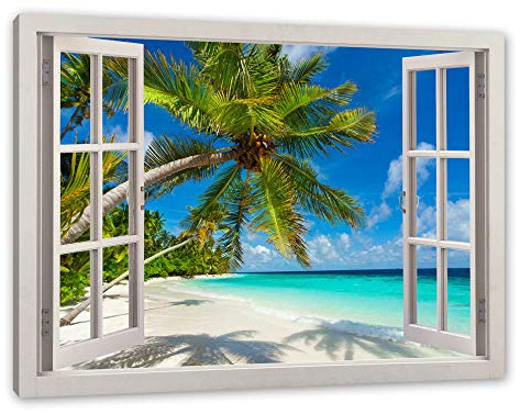 Pixxprint Palmenstrand, Fenster, Größe: 120x80cm, Leinwandbild, fertig gespannt, Wandbild, Dekoration, Kunstdruck, kein Poster