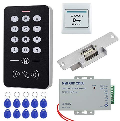 HFeng Door Access Control System with Electric Strikc Lock + RFID Access Control Keypad + DC12V 3A Power Supply Controller + 10pcs RFID Keyfobs Cards for Door Entry System