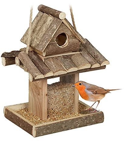 Relaxdays Mangiatoia per Uccelli, in Legno, con Dispenser per Mangime, Nido Artificiale, HLP 25x17,5x16 cm, Naturale