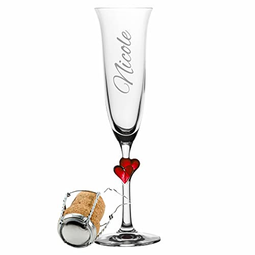 4youDesign Sektglas mit roten Herzen im Stiel – mit Namensgravur – romantischer Sektkelch zum Geburtstag – Geschenkidee zum Valentinstag oder Jahrestag
