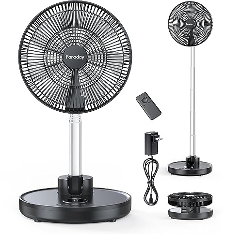 FARADAY Oscillating Standing Fan 12” Foldable Portable Quiet Floor Fan 12000mAh Rechargeable Pedestal Fan with Remote, Timer Setting, Height Adjustable Foldaway Fan for Bedroom Home Office, 6 Speed