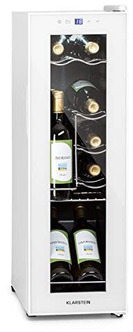 KLARSTEIN Vinoteca para Vinos de 32L Nevera Vino Una Zona, Botellas Vino, Proseco y Cervezas, Vinoteca Pequeña Puerta Cristal para Interior y Exterior, Nevera para Vinos Capacidad 12 Botellas