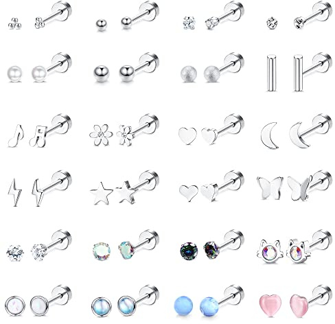 ADRAMATA 24 Paar Ohrstecker für Damen Edelstahl Ohrringe Set Tragus Helix Knorpel Ohrringe Piercing Hypoallergen Flache Rückseite Silber Ohrringe Winzige Silber Ohrstecker für Damen Mädchen