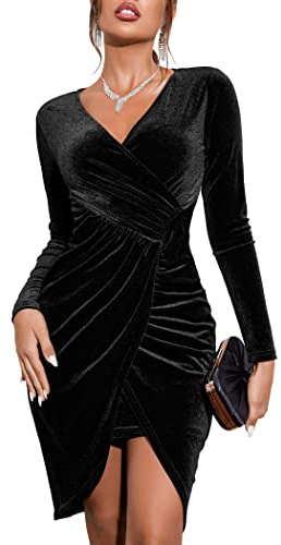 Zeagoo Sammetsklänning för kvinnor långärmad elegant cocktailklänning V-ringad hög midja bodycon festklänning blank klubbklänning, Svart, L