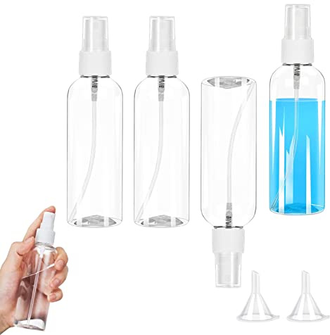 4Pcs Flacon Vaporisateur,100ml Plastique Transparent Bouteille de Spray,Bouteilles de Voyage Vide Pulvérisateurs pour l'eau Cosmétique Parfum, avec Entonnoir