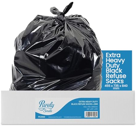 Blake & White Standard-Müllsäcke, 80 l Fassungsvermögen, schwarz – Purely Smile, extrem strapazierfähige und nachhaltige, recycelbare Müllsäcke – Haushalt, Büro und Küche – 200 Stück im Karton