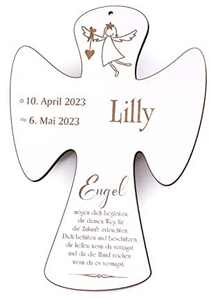 DEKOLANDO Engel Taufkreuz personalisiert mit Name Datum graviert Holzkreuz Kreuz Kinderkreuz mit Engel & Spruch weiß 15 x 21 cm