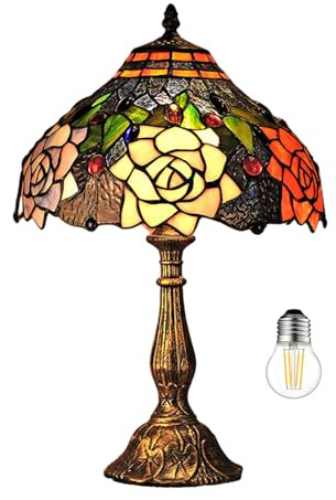 Kinbolas Tischlampe im Tiffany Stil,Vintage Nachttischlampe Schlafzimmer Deko Lampe,Jugendstil Tischleuchte,Rose buntglas lampenschirm 30cm / 12 Zoll,Harz-Basis Mit kabel und E27 LED Birne