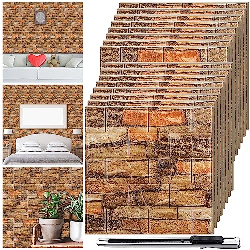 Colarr 60 Pcs 58 Sq ft 3D Wall Panels Peel and Stick Faux Foam 3D Brick Wallpaper Faux Paneling Adhesive Wall Covering Panels Decorative Medieval Tiles Waterproof for Bedroom(Retro Rock Color)
