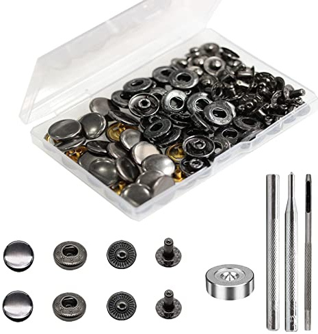BetterJonny - Set di 24 bottoni a pressione in pelle resistenti, 15 mm, bottoni a pressione in metallo, rivetti in pelle, con 4 strumenti per fissare vestiti, bracciali, giacche, jeans, colore nero,