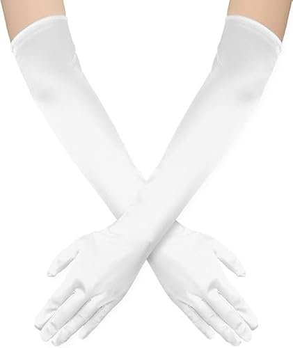 Hatstar Handschuhe Damen lang, Weiß, elegante Abendhandschuhe aus Satin im 1920er Stil, Kostüm Accessoire für Karneval, Fasching, Halloween, Hochzeit und Oper