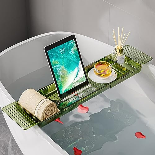 Erweiterbare Badewannentablett, Acryl, verstellbare Badewannen-Caddy Tablett mit Griffen, Badewannentablett für Luxus-Badewanne mit Buchhalter, Badewannenzubehör zum Entspannen, Badezimmer-Dekor, Grün