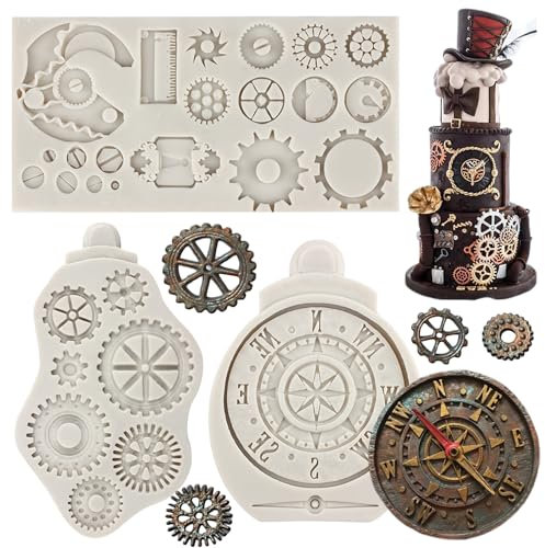 Sijiangmold Steampunk Gear Silikonform Kompass Zahnräder Zahnräder Fondant Formen für Steampunk Reise Themed Kuchen Dekorieren Süßigkeiten Schokolade Polymer Clay Gummi Paste Set von 3