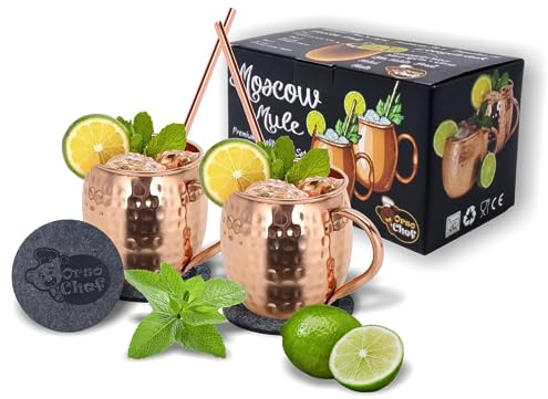 Orso Chef Moskow Mule Koppar Stål Cocktailkoppar med handtag set 2 stycken med sugrör och underlägg