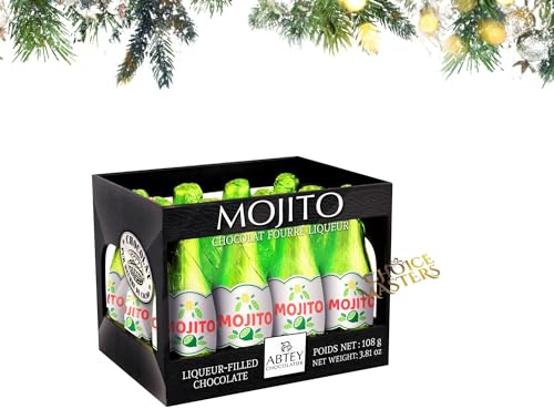 Abtey CASIER NOIR MOJITO Liquor Chocolates Collection - 12 Dark Chocolate Bottles with Mojito Liqueur Filling - Mojito Selection In A Black Crate Gift Box - 108g
