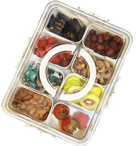 Zeenning 2,4 L 8 fack vit plast uppdelat mellanmål serveringsbricka med lock och handtag för fest, resor och picknick