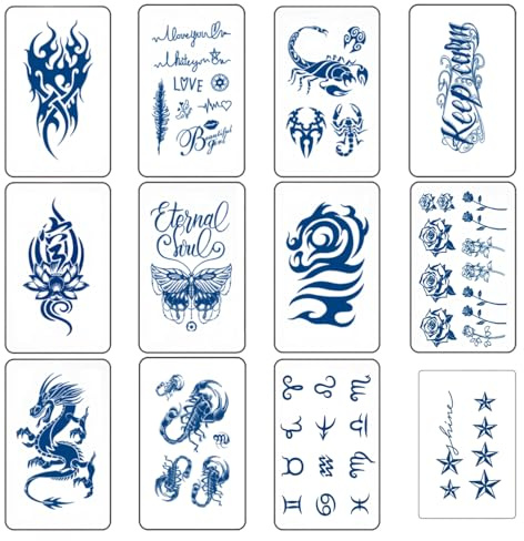 12 Sheets Semi Permanent Temporary Tattoos for Women and Men 2 Weeks Long-lasting Realistic Waterproof Tattoo Stickers Hand Fake Tattoos Art 100% Plant-Based Ink for Adult Children