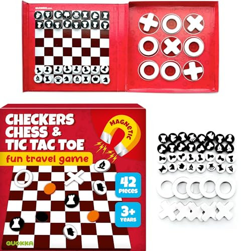 Quokka Travel Games For Kids 3-5 - 3 in 1 Magnetic Chess&Checkers&TicTacToe Game - Plane Activities Board Games for 4-6 year olds - Road Trip I Plane I Car Ride - Magnetic Toddler Travel Toys 8-12