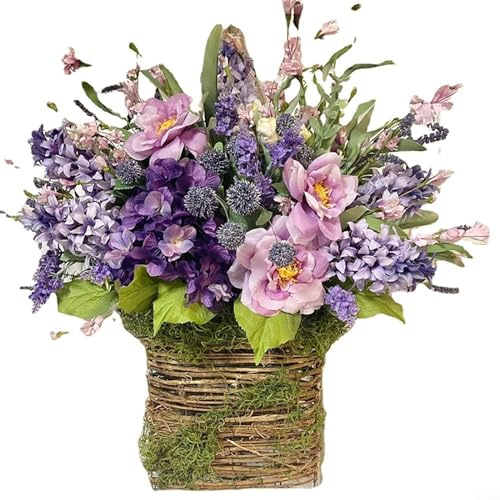 Wildflowers Door Hanging Basket Wreath, Spring Wreath for Front Door, Artificial Door Wreath Pendant Door Hanging Welcome Sign Easter Home Decor for Porch Farmhouse, Purple Theme
