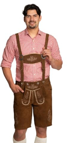 Tannhauser Lederhose 100% äkta läder med hängslen traditionella byxor för herrar till Oktoberfest brun Flachau (S/48)