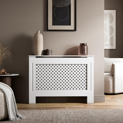 RADIANT LIVING Radiator Cover Diamond Cross Pattern, Modern White MDF Radiator Cabinet for Living Room & Bedroom, Medium 112 x 81.5 x 19cm