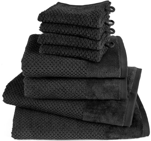 Pure Label Handtuch Set 8tlg 2xDusch 2xHand 4xWasch Schwarz | 100% Baumwolle, weich & saugstark - Waschbar bis 60∘C, trocknergeeignet