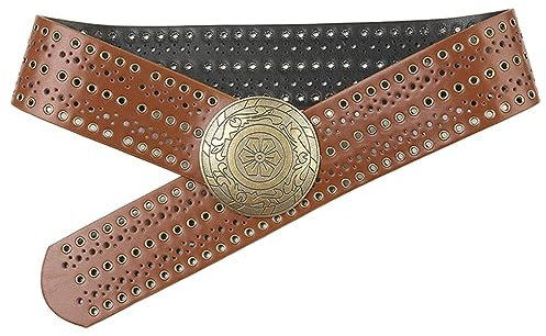 Qianderer Damen-Gürtel, Vintage-PU-Leder, ausgehöhlte Blume, breiter Gürtel für Kleider, Hosen, braun, 112 cm
