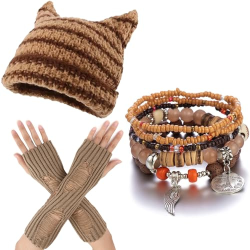 GNAYOAHLI Therian Gear Y2K Kleidung, Grunge-Kleidung, Emo Beanie, fingerlose Handschuhe, fünf Fairycore-Armbänder