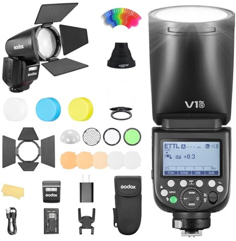 Godox V1PRO-N V1Pro N Tête Ronde Flash d'Appareil Photo Flash d'Appareil avec AK-R1 TTL Speedlite 2.4G sans Fil TTL Speedlight Strobe,76Ws HSS 1/8000s avec Batterie Li-ION pour Appareils Nikon Camera