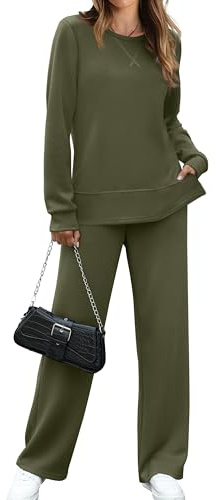 OFEEFAN Women Two Piece Outfits 2 PC Lounge Sets Fall Long Sleeve Travel Tracksuits Winter Track Suit Airport Loungewear Vacation Sweatsuits Wide Leg Pants Matching Set Green L