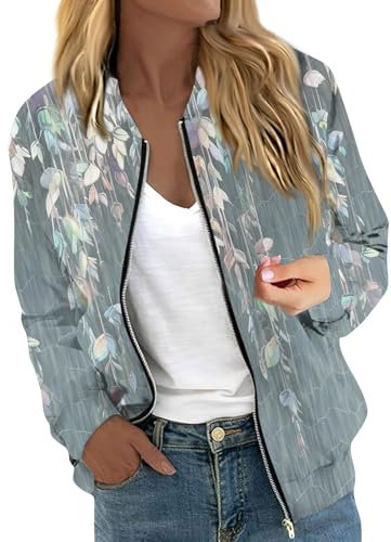 Damen Jacke Sommer Lederjacke Drucken Langarm Mit Reißverschluss Leichte Fliegerjacke Dünne Übergangsjacke Sommerjacke(Mint Green,L)