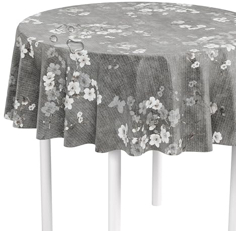 LILENO HOME Tischdecke abwaschbar als Meterware 140 cm rund (Schnittkante) in Kirschblüte grau Elegance Motiv - Wachstuchtischdecke wasserabweisend ideal als Tischtuch