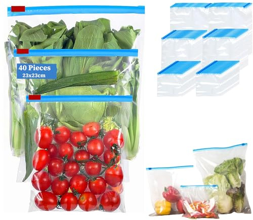 BLISSMART 40 pcs Reusable Freezer Bags Zip Lock Bags Transparent Sandwich Bags Seal Lock Food Storage Snacks Fruits & Freezing Leakproof & Resealable Plastic Bags 23x23cm