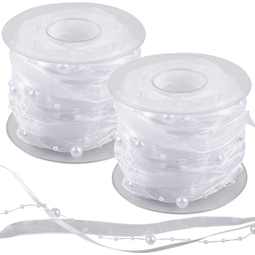2 Bände 10M Perlenband Chiffon-Band, Schleifenband mit Organza und Perlen, Trendyband Organza-Spitze-Band-Dekoband Spitze Zierband für Hochzeits Blumen Nähen Handwerk Verpackung (Weiß)