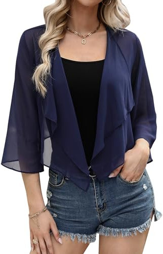 Aottori Womens Summer Bolero Cardigans Ladies 3/4 Sleeve Chiffon Shrugs Shawl Tops Lightweight Solid Casual Short Cardigan UK Navy M
