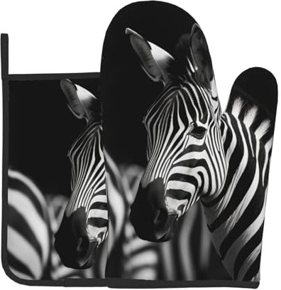 Oven Mitts and Pot Holders Set of 2 Heat Resistant Oven Gloves and Potholders Black & White Zebra BBQ Gloves Hot Pads Cooking Gloves for Kitchen Baking Grilling